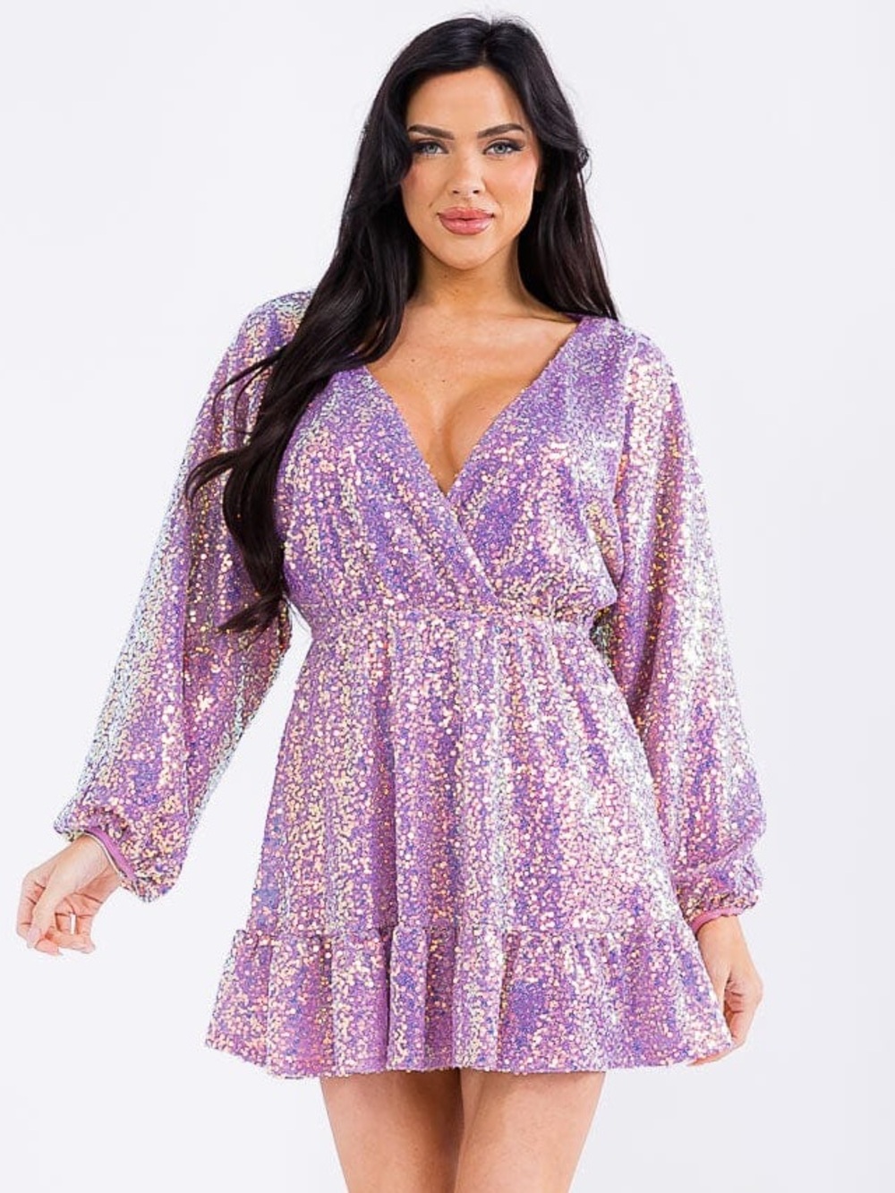 Strut & Bolt | Estella Long Sleeve Surplice Sequin Mini Dress Lilac Purple New